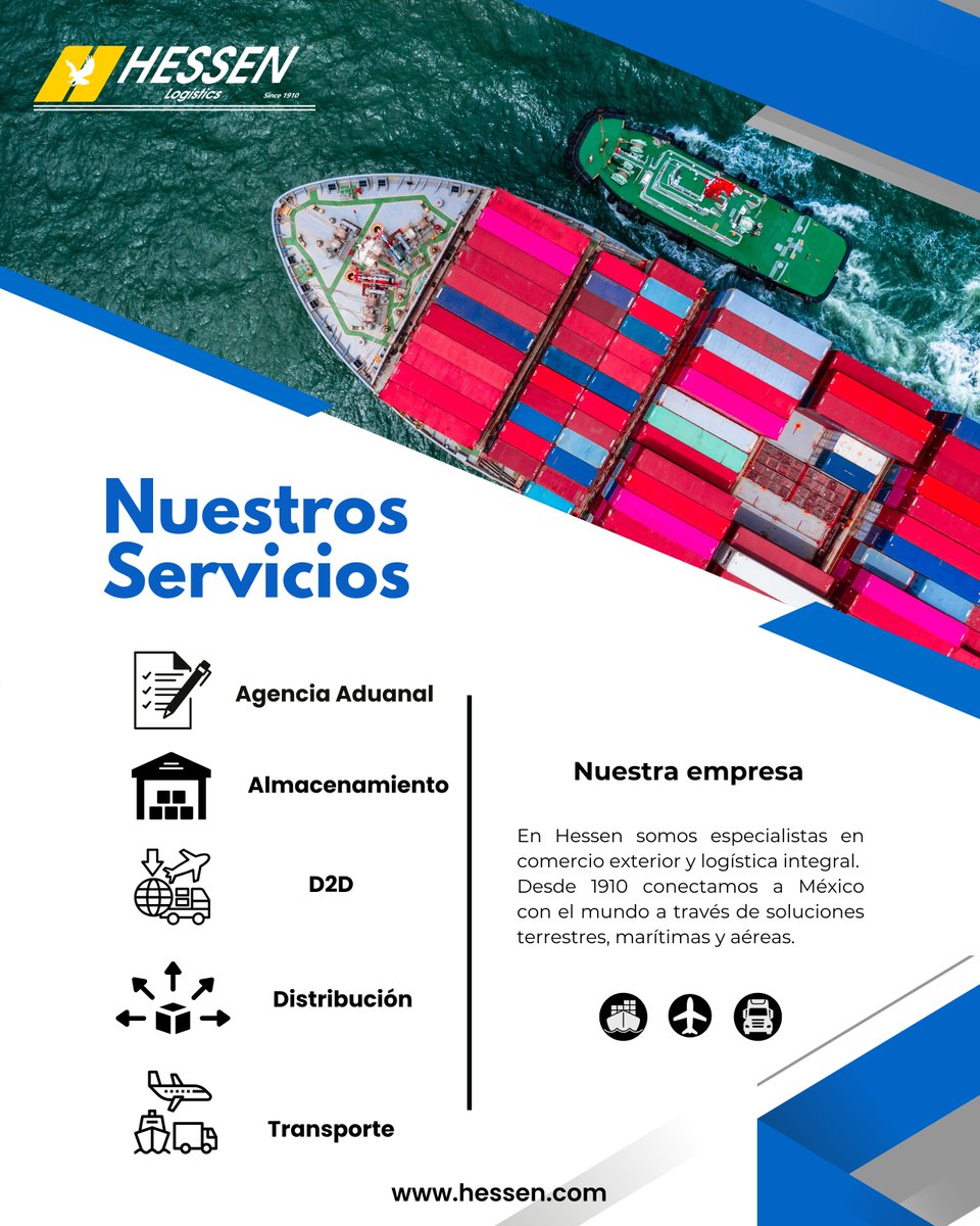 🌎✈️🚢 Conectamos a México con el mundo desde 1910.

En Hessen ofrecemos soluciones integrales en comercio exterior y logística: terrestre, marítima y aérea.

📦 Agencia Aduanal | Almacenamiento | D2D | Distribución | Transporte
