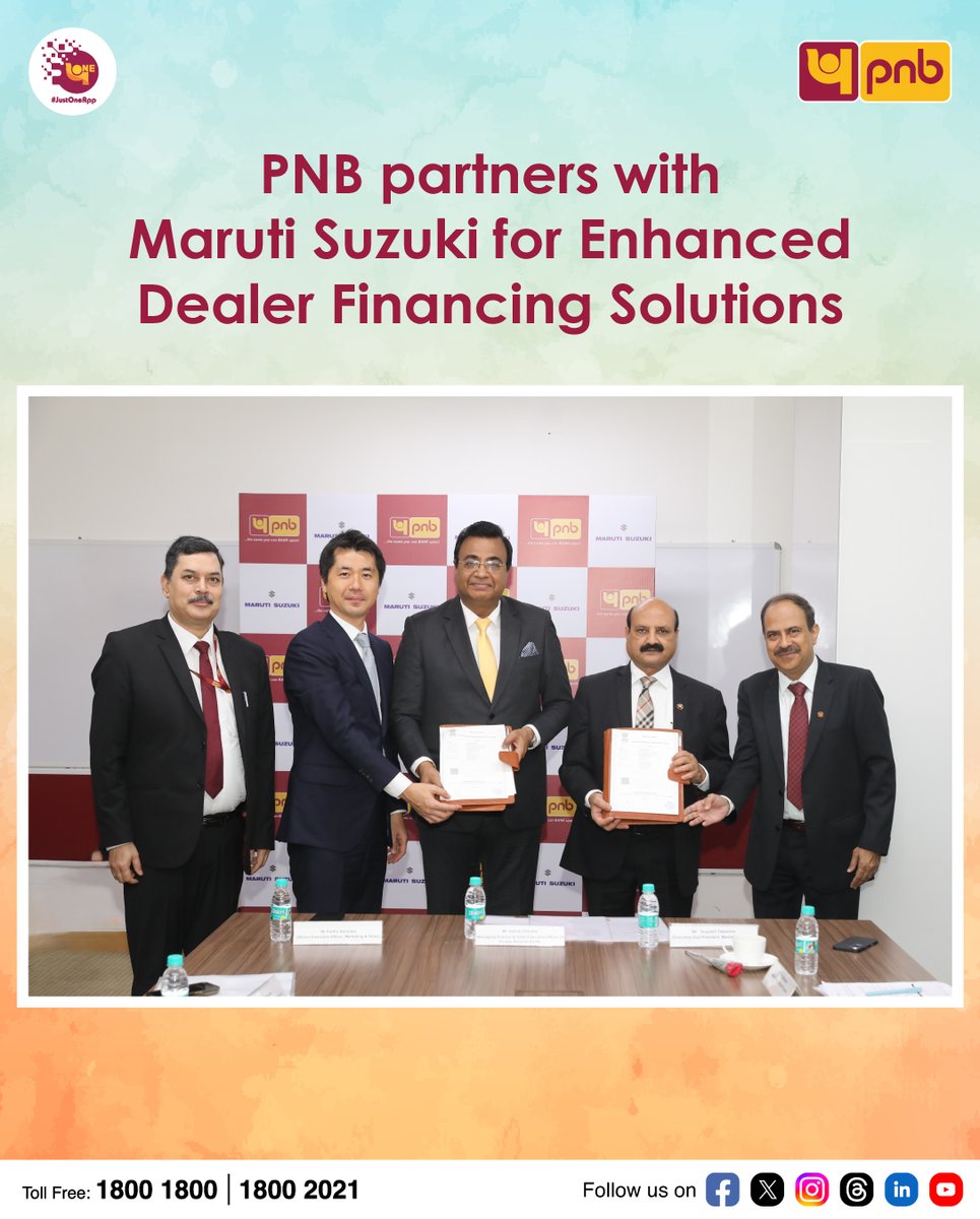 pnbindia's tweet photo. Punjab National Bank signed a Memorandum of Understanding with Maruti Suzuki India Limited to provide comprehensive inventory funding solutions for Maruti Suzuki’s dealer network across India.
This partnership will also facilitate Cash Management System  with end to end digital operations.
The MoU was signed in the presence of Shri Ashok Chandra, MD & CEO, PNB, along with Shri Partho Banerjee, Senior Executive Officer, Marketing & Sales,  Mr. Tsuyoshi Takeshita, Executive Vice President, Marketing & Sales, and Shri Vishal Sharma, Vice-President, Maruti Suzuki Finance & Driving Schools, MSIL.

@Maruti_Corp 

#PNB #MarutiSuzuki #MoU #Partnership #DealerFinance #InventoryFunding #CashManagement