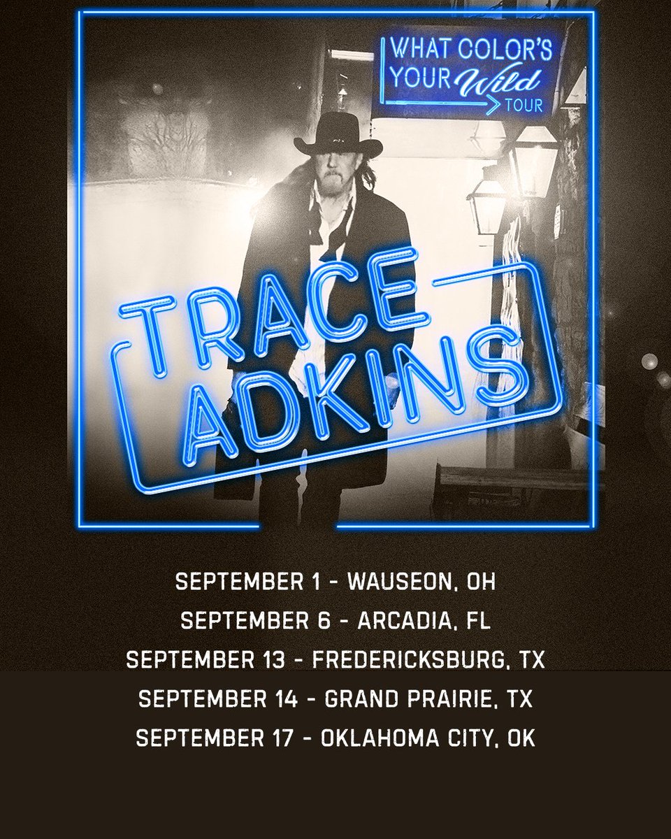 Trace Adkins is on the move with his What Color's Your Wild Tour — don’t miss your chance to see him live! Here's where you can find him this month and next.

For info and tickets visit TraceAdkins.com