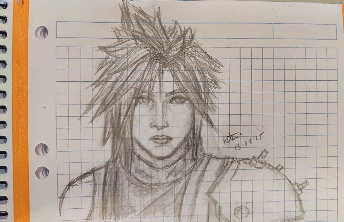 I haven't had time to finish anything else (still a wip)  for #StrifeSummer2025 
But it's still Cloud's birthday week and for me it should be #CloudMonth, so I'm posting a doodle I've done of Cloud today in a notebook as I couldn't bring the iPad with me
#CloudStrife #FFVII
