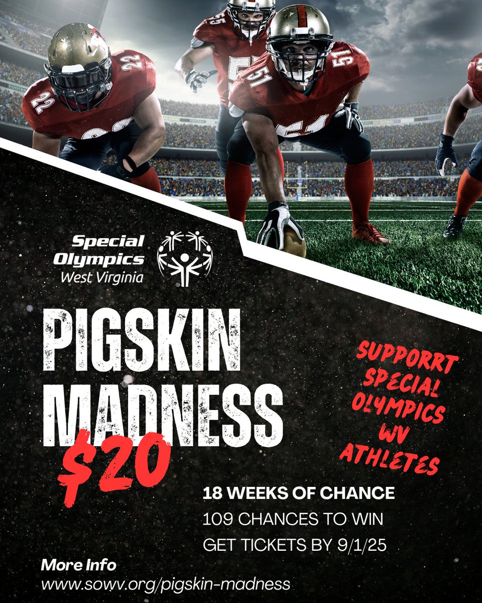 Get your #SOWVPigskinMadness tickets before 9/1 to play all 18 weeks and support over 4,000 athletes across WV!  sowv.org/pigskin-madnes…