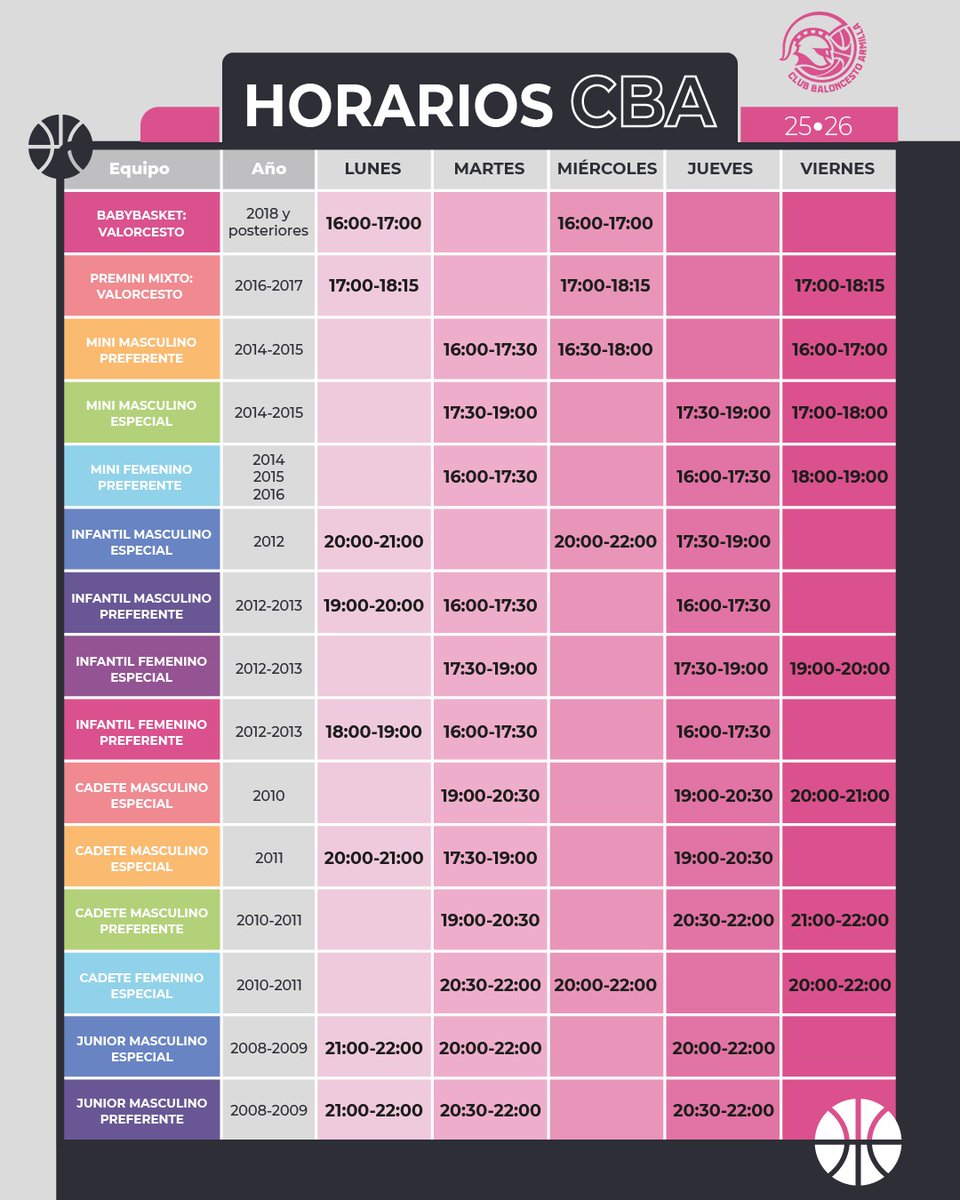 🏀📅 ¡Horarios listos para la temporada 25·26 en CBA!
Desde Babybasket hasta Junior… ¡todos preparados para vivir el basket al máximo! 🔥
