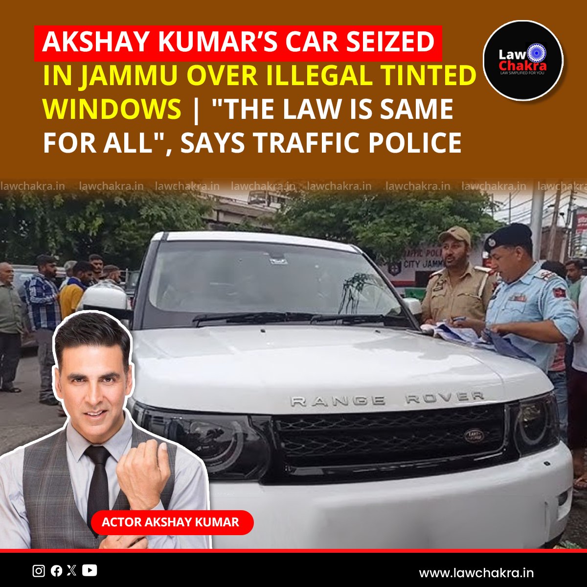 LawChakra's tweet image. Bollywood star Akshay Kumar’s car was seized in Jammu for illegal tinted windows. Traffic Police stated “The law is same for all”, urging motorists to follow vehicle safety rules.
For More Details Visit: lawchakra.in/legal-updates/…
#AkshayKumar #car #detained #TrafficRules #Violation