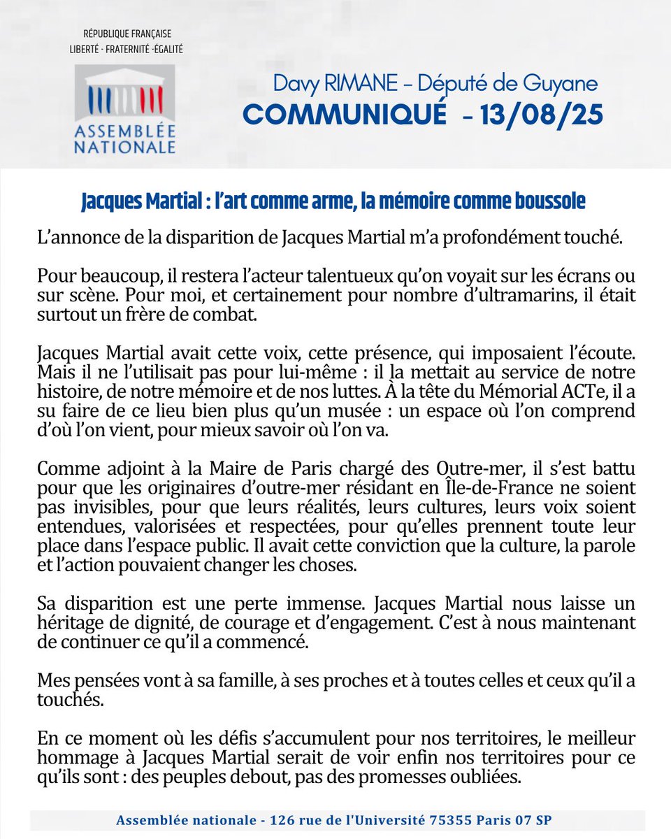 Davy Rimane (@davyrimane) on Twitter photo ⚫️ Jacques Martial : l’art comme arme, la mémoire comme boussole
💬Il s’est battu pour que les originaires d’Outre-Mer résidant en île de France ne soient pas invisibles, que leurs réalités, cultures, & voix soient entendues valorisées & respectées..Mes pensées vont à ses proches ⚫️ Jacques Martial : l’art comme arme, la mémoire comme boussole
💬Il s’est battu pour que les originaires d’Outre-Mer résidant en île de France ne soient pas invisibles, que leurs réalités, cultures, & voix soient entendues valorisées & respectées..Mes pensées vont à ses proches