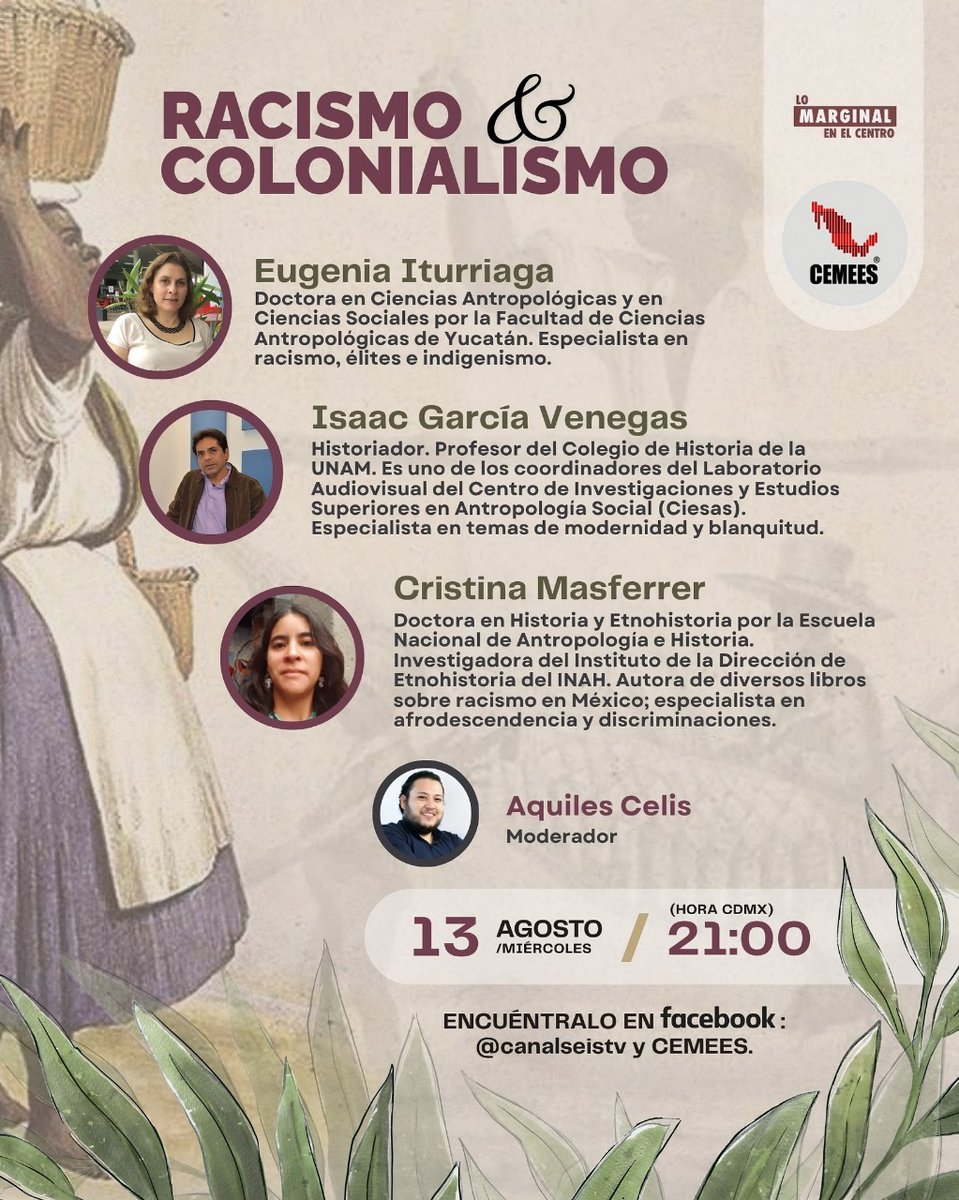 canal6tv's tweet photo. 🗣️Racismo & colonialismo en #LoMarginalEnElCentro
No te pierdas esta noche el análisis
Invitados:
🔹Eugenia Iturriaga @eugeitu
🔹Isaac García Venegas
🔹Cristina Masferrer
La conversación será moderada por Aquiles Celis.
🗓️ Hoy ⏰ 21:00 hrs, por Facebook Canal6Tv
@cemees_org https://t.co/GI1MQkGcIf