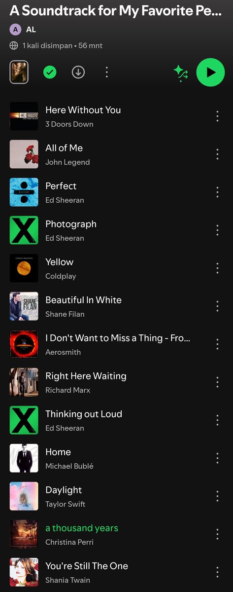 Ketiga ada playlist spesial untuk hari ulang tahun aku, kerennya judulnya disusun dengan rapi, jadi kalo diurut dari atas kebawah huruf awalnya dibaca "happy birthday" (manis banget ga kuad) 🥹❤️