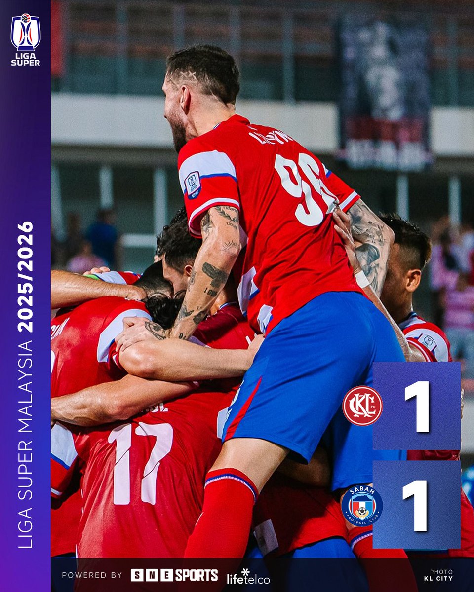 SNE_Sports's tweet image. #LigaSuper 2025/26 Matchday 2 Results

FT: Kuala Lumpur City 1-1 Sabah FC

⚽️ 65' (KLC 1-0) Declan Lambert
⚽️ 90+3' (SAB 1-1) Gabriel Peres

📷 : KL City

#KLCSAB #KLCity #SabahFC
#SNESports
#LifeTelco