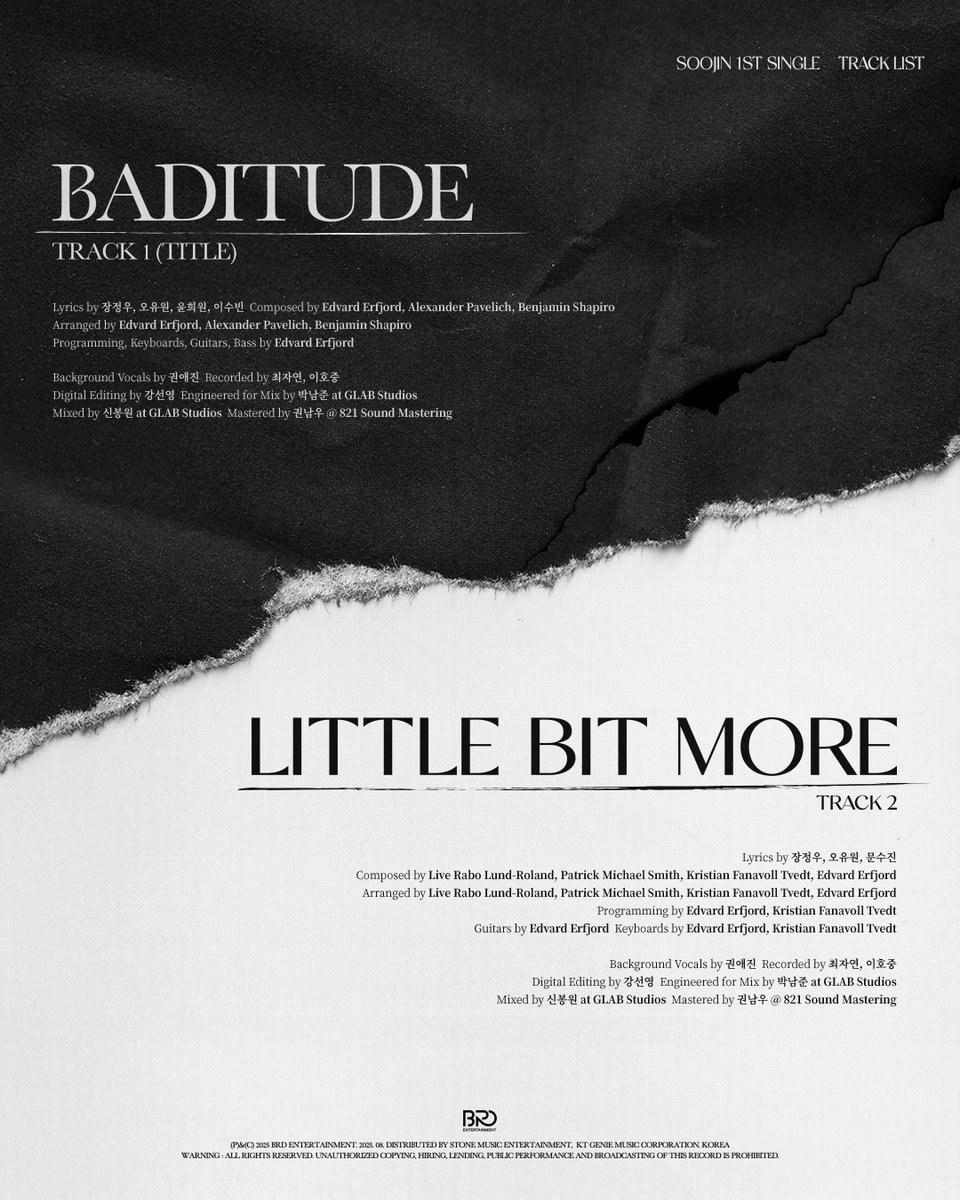 수진 (SOOJIN) 1st SINGLE [BADITUDE]
Track List

💄Release
2025.08.27 WED 6PM (KST)

#수진 #SOOJIN
#BADITUDE