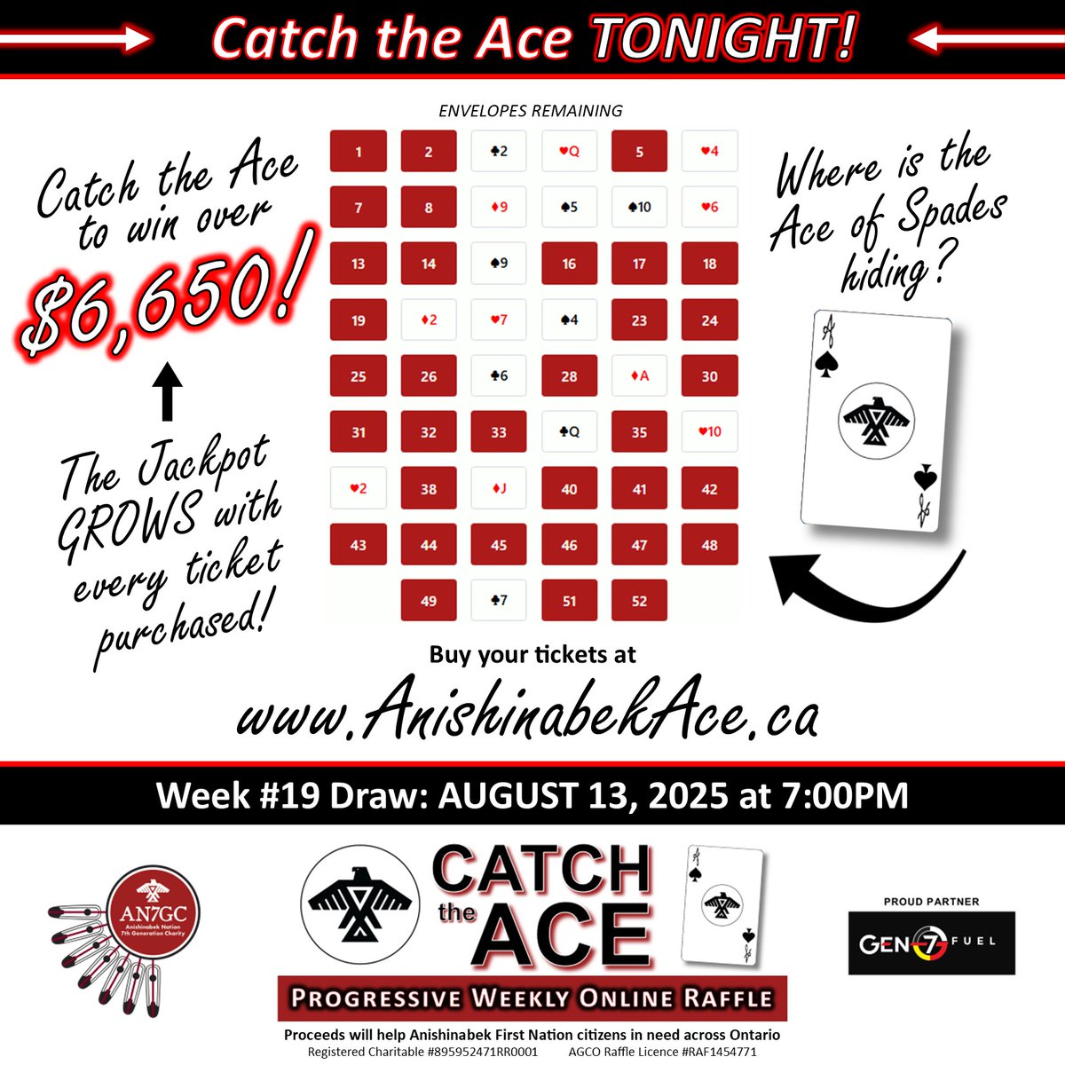 AN7GC's tweet image. Will YOU get #lucky tonight?! Buy your #CatchtheAce tickets at AnishinabekAce.ca for your chance to #WIN the GROWING #Jackpot! 💰Draw is at 7:00pm

#Anishinabek #FirstNations #Ontario #Fundraising