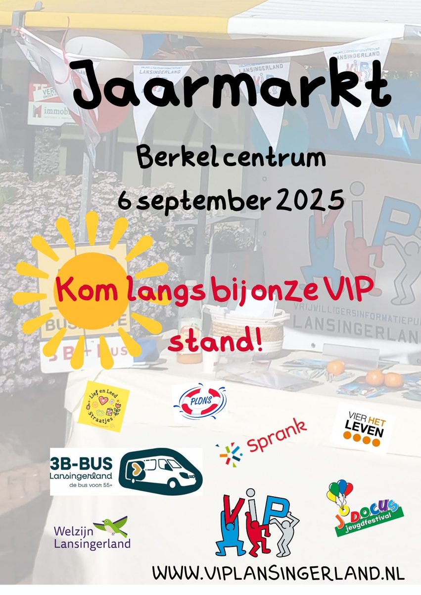 Zaterdag 6 september 2025 staan we op de jaarmarkt in Berkel en Rodenrijs, samen met een aantal vrijwilligers organisaties om je van alles te vertellen over de mooie vrijwilligerswerk plekken

L&amp;L straat,3B-Bus,Sprank,Vier het LEVEN,Welzijn / VIP Jodocus jeudfestival, Plons