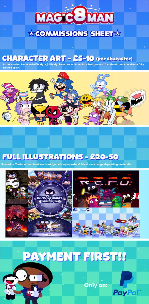 Magic_8_Man's tweet image. I&apos;m happy to announce that I am now officially OPENING COMMISSIONS!!  

Feel free to DM if you&apos;re interested or if you have any questions :)