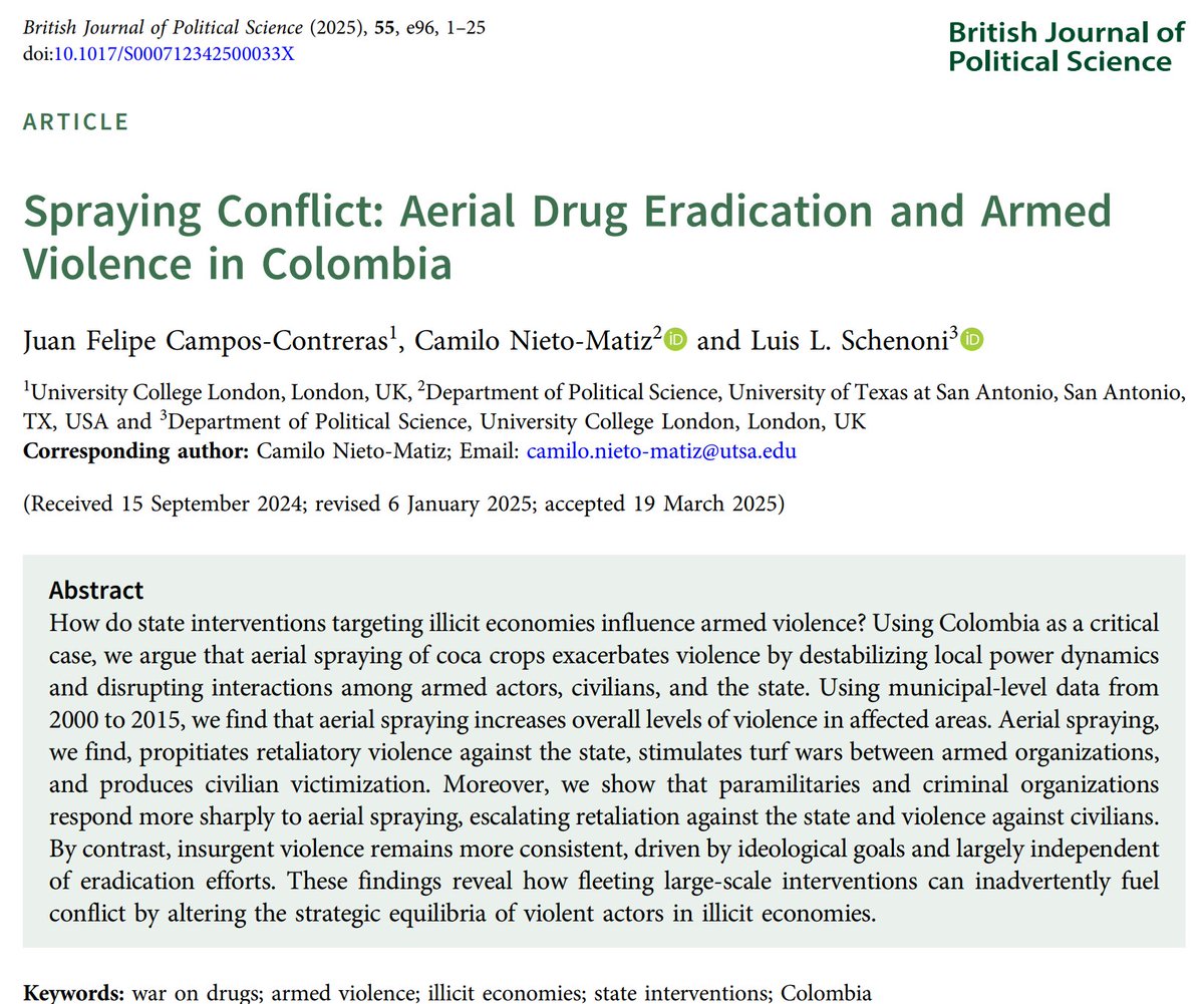 Camilo Nieto Matiz (@camilonim) on Twitter photo For years, Colombia relied on aerial eradication (aircrafts spraying glyphosate over coca fields) to weaken armed groups and reassert state control. Our paper with <a href="/JuanFCampos11/">Juan Felipe Campos</a> and <a href="/llschenoni/">Luis L. Schenoni</a> shows this often backfired, igniting more violence instead of reducing it. ✈️💥 For years, Colombia relied on aerial eradication (aircrafts spraying glyphosate over coca fields) to weaken armed groups and reassert state control. Our paper with <a href="/JuanFCampos11/">Juan Felipe Campos</a> and <a href="/llschenoni/">Luis L. Schenoni</a> shows this often backfired, igniting more violence instead of reducing it. ✈️💥