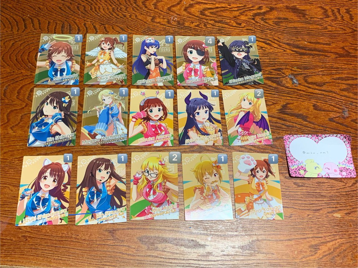 miku_nm7's tweet photo. 【交換・譲渡】ツアマス 1弾
譲 画像のもの(ツリーに続きます)
求 SR Dive into the sound、ゲンキの魔法☆、グッとしてGOOD! 各1
CP フルブルームユニフォーム 薫、千早 各1
低レア複数⇄SR可
N、Rは30円/1枚、SRは100円/1枚での譲渡可
都内or船橋近辺手渡し
検索からでもお気軽にお声がけ下さい https://t.co/T95Q92Pro8