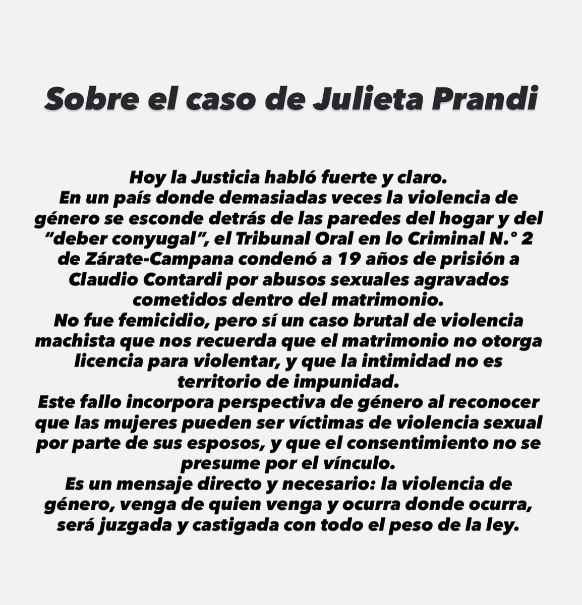 guillepayero's tweet photo. Histórico.
19 años de prisión a Claudio Contardi por abusos sexuales agravados dentro del matrimonio.
No fue femicidio, pero sí violencia machista brutal.
El fallo deja un mensaje claro: el vínculo no es excusa, el consentimiento no se presume y la intimidad no es impunidad. https://t.co/niIQpTCoSb