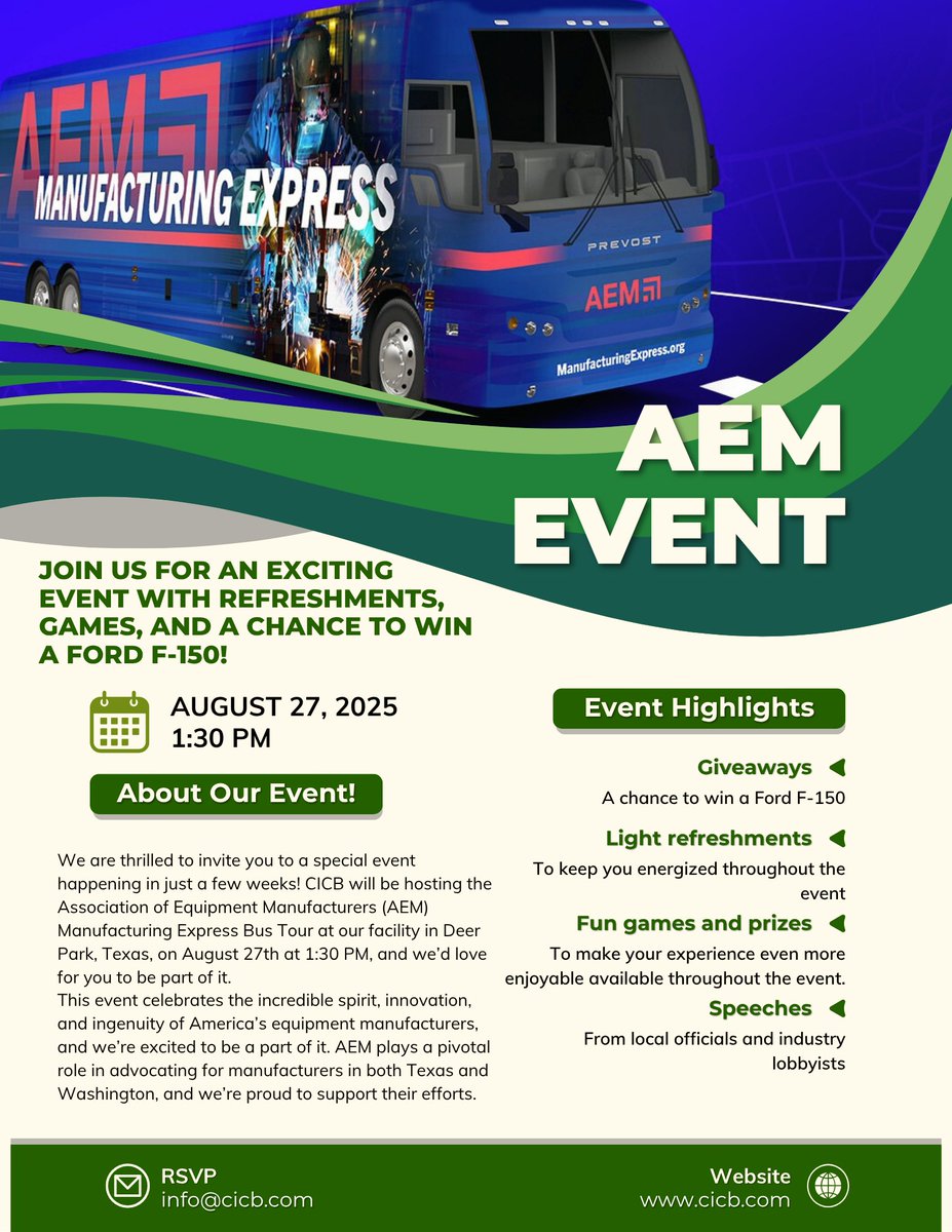 Join us at CICB for AEM Manufacturing Express Bus Tour on August 27th at 1:30 PM in Deer Park! We’re thrilled to be part of this event, supporting manufacturers and workers, and we can’t wait to see you there. Learn more here: hubs.la/Q03BYXzG0