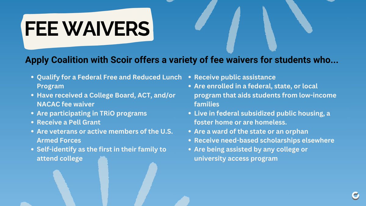 Application fees can end up being a burden for many students and families. That's why we made it easy for eligible students to apply to colleges for free with our easy to use fee waivers! 

👉 Sign into @scoirinc to see which schools are free for you or your student to apply to.