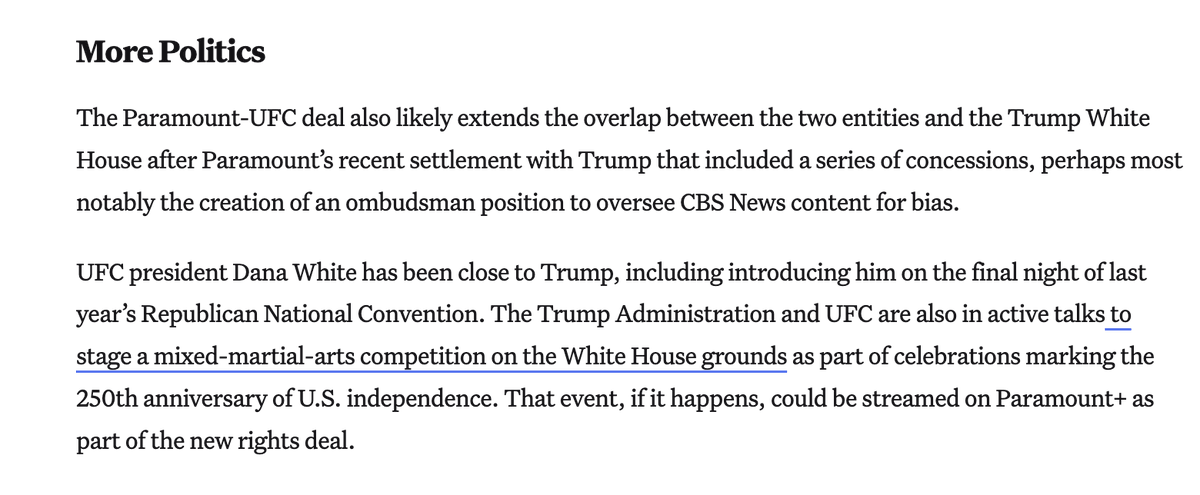 Daniel Roberts (@readdanwrite) on Twitter photo Political aspects / possible speedbumps with both of the recently announced TV mega-deals: ESPN-NFL and UFC-Paramount.
<a href="/BenHorney/">Ben Horney</a> on NFL, ESPN, Trump and FTC: frontofficesports.com/nfl-lobbying-b…
<a href="/AEricFisher/">Eric Fisher</a> on UFC, Paramount, Trump and Dana White:
frontofficesports.com/paramounts-new… Political aspects / possible speedbumps with both of the recently announced TV mega-deals: ESPN-NFL and UFC-Paramount.
<a href="/BenHorney/">Ben Horney</a> on NFL, ESPN, Trump and FTC: frontofficesports.com/nfl-lobbying-b…
<a href="/AEricFisher/">Eric Fisher</a> on UFC, Paramount, Trump and Dana White:
frontofficesports.com/paramounts-new…