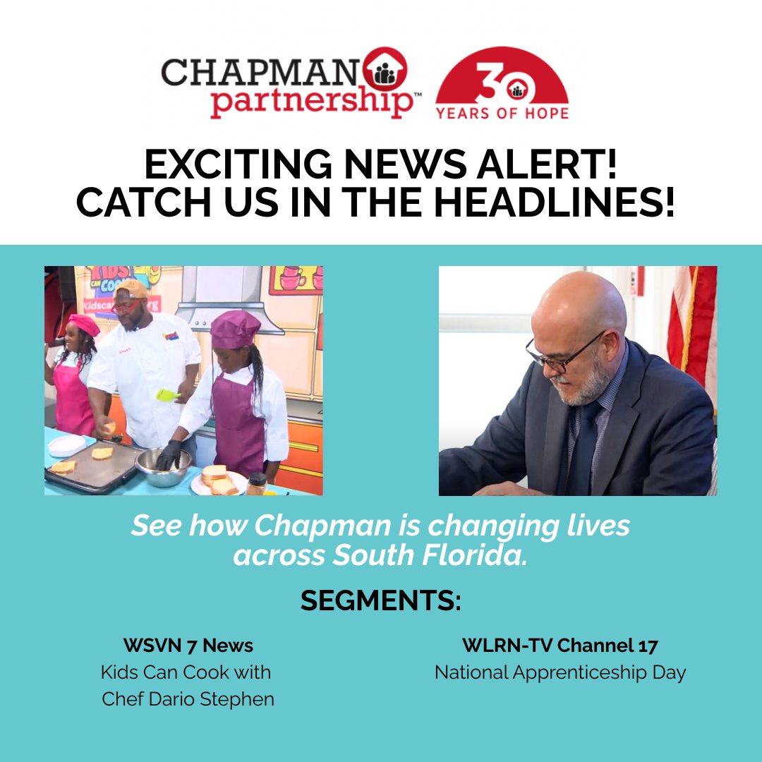 Chapman Partnership (@chapmanpartner) on Twitter photo We’re making headlines! 📣 From young chefs on <a href="/wsvn/">WSVN 7 News</a> to career opportunities on <a href="/WLRN/">WLRN Public Media</a>, see how Chapman is changing lives. ❤️
🔗 Watch the full segments here: linktr.ee/chapmanpartner… We’re making headlines! 📣 From young chefs on <a href="/wsvn/">WSVN 7 News</a> to career opportunities on <a href="/WLRN/">WLRN Public Media</a>, see how Chapman is changing lives. ❤️
🔗 Watch the full segments here: linktr.ee/chapmanpartner…