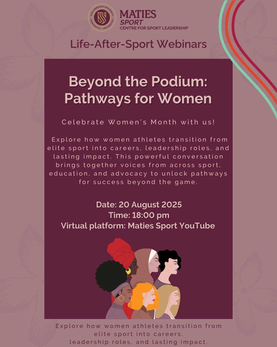 Maties Sport (@matiessport) on Twitter photo Join us this Women’s Month for an inspiring conversation!
Tune into 𝑩𝒆𝒚𝒐𝒏𝒅 𝒕𝒉𝒆 𝑷𝒐𝒅𝒊𝒖𝒎: 𝑷𝒂𝒕𝒉𝒘𝒂𝒚𝒔 𝒇𝒐𝒓 𝑾𝒐𝒎𝒆𝒏 on 20 August 2025 at 18:00 (YouTube Live). Explore how women in elite sport are forging meaningful second careers and stepping into leadership. Join us this Women’s Month for an inspiring conversation!
Tune into 𝑩𝒆𝒚𝒐𝒏𝒅 𝒕𝒉𝒆 𝑷𝒐𝒅𝒊𝒖𝒎: 𝑷𝒂𝒕𝒉𝒘𝒂𝒚𝒔 𝒇𝒐𝒓 𝑾𝒐𝒎𝒆𝒏 on 20 August 2025 at 18:00 (YouTube Live). Explore how women in elite sport are forging meaningful second careers and stepping into leadership.