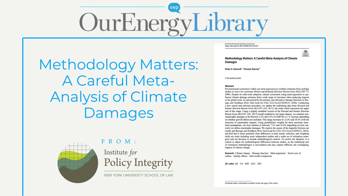 This <a href="/PolicyIntegrity/">Institute for Policy Integrity</a> report analyzes why it is critical to adjust for methodological differences between studies, as the underlying mix of estimation methodologies is non-random and may capture different, but overlapping, impacts of climate change.

Read: ourenergypolicy.org/resources/meth…