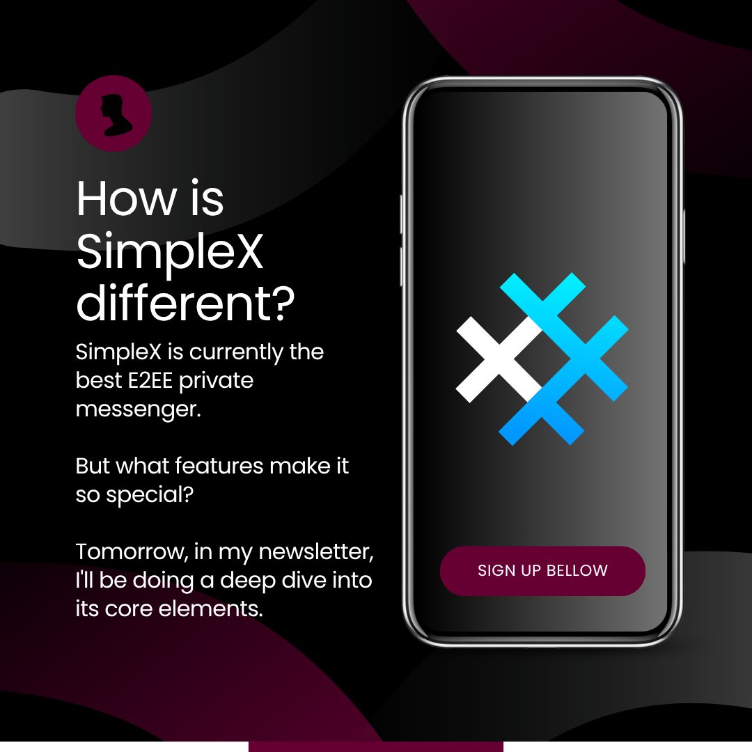 Marconius Solidus #FreeSamourai (@m_solidus) on Twitter photo <a href="/SimpleXChat/">SimpleX Chat</a> is currently the best E2EE private messenger.
But what features make it so special?
Tomorrow, in my newsletter, I'll be doing a deep dive into its core elements.
Join bellow ↓ <a href="/SimpleXChat/">SimpleX Chat</a> is currently the best E2EE private messenger.
But what features make it so special?
Tomorrow, in my newsletter, I'll be doing a deep dive into its core elements.
Join bellow ↓