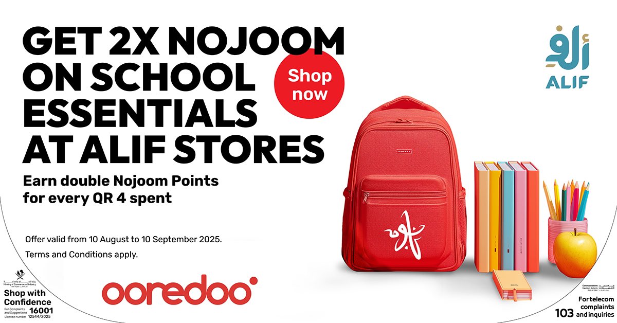 OoredooQatar's tweet photo. 🔴
Back-to-School Just Got More Rewarding!
The new school year is approaching, and we know it can get pricey. That’s why we have teamed up with Alif Stores to help you save more and earn more rewards while you shop.
 
From 10 August to 10 September 2025, earn 2X Nojoom Points on all purchases — even promotional items.
 
Shop smart. Earn more with Ooredoo & Alif Stores. Visit your nearest Alif branch and click here to learn more: https://t.co/cM98lyC7J0. T&Cs Apply.
#UpgradeYourWorld #Ooredoo