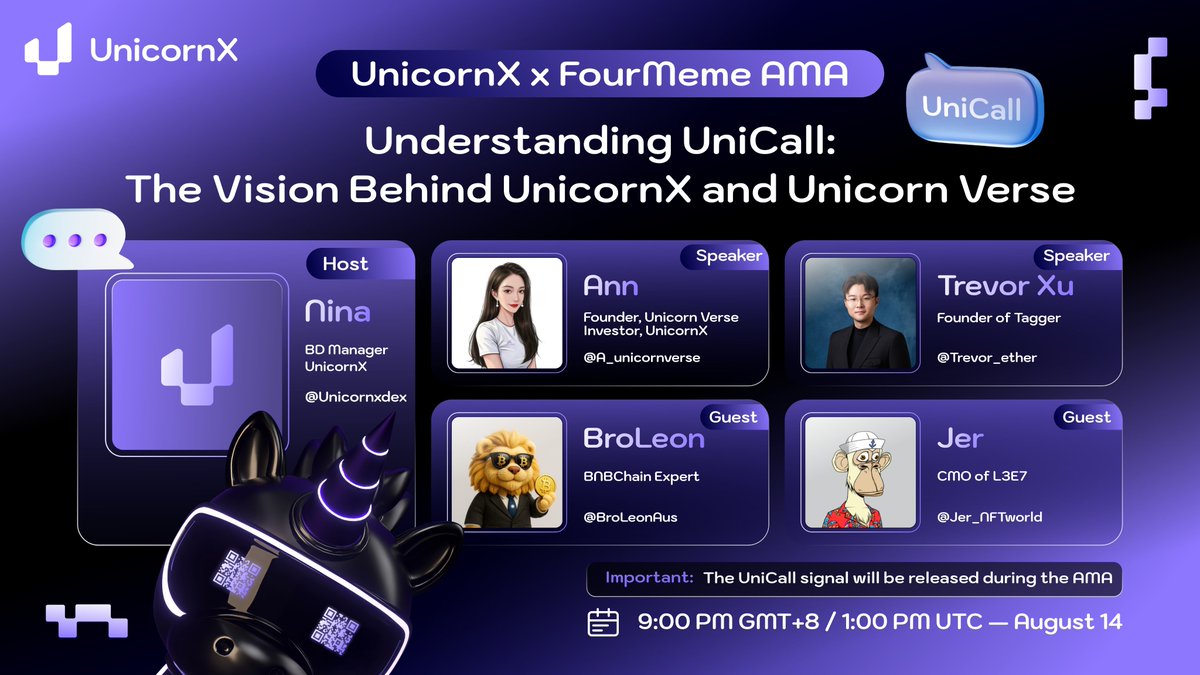 unicornxdex's tweet image. Join us for an AMA with @a_unicornverse @Trevor_ether  @Jer_NFTWorld and @BroLeonAus 🦄

Set your reminder and make sure to tune in!

We will be sharing our visions, talking about how we’re building the Web3 Singularity together, and most importantly, we’ll be releasing the…