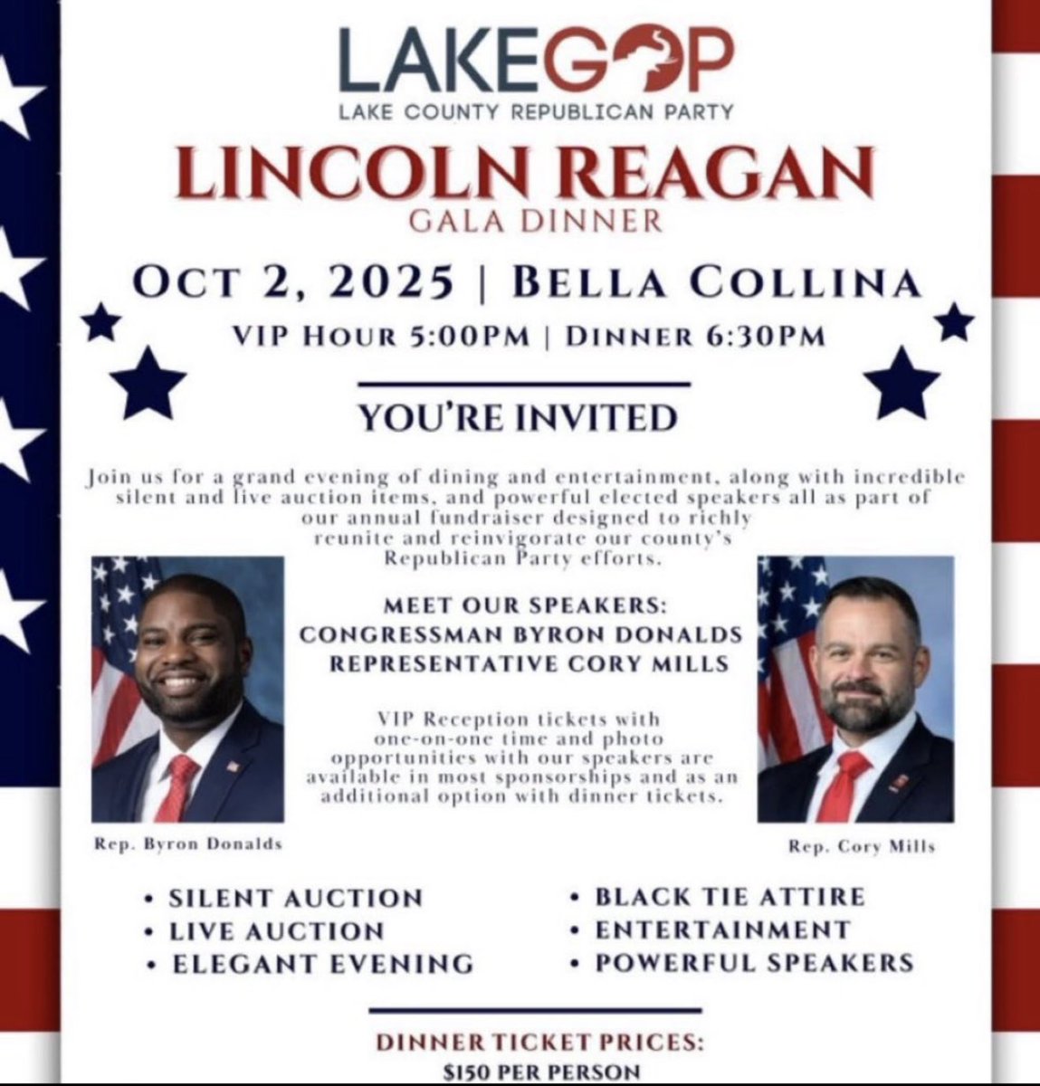 Florida Gov candidate Byron Donalds &amp; Rep. Cory Mills will be headlining the Lake County GOP’s Lincoln Gala Dinner in October #flapol