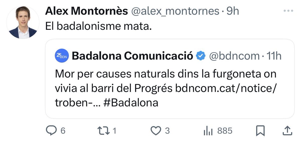 Convertir una tragedia personal, fruto de un hecho casual, en una acusación directa contra el gobierno municipal es miserable. Has perdido los papeles. Esta reacción del presidente del grupo municipal ERC #Badalona es propia de quien se encuentra absolutamente desesperado, desde