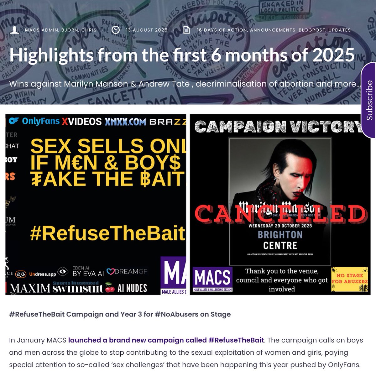 Our 2025 highlights so far!👇

menchallengingsexism.org.uk/2025/08/13/hig…

👉Collab <a href="/NoAbusersUK/">No Stage For Abusers</a> cancels #MarilynManson gig
👉Launching #RefuseTheBait
👉Helping <a href="/CollectiveShout/">Collective Shout</a> take down #AndrewTate &amp; #NoMercy
👉Helping decriminalise abortion
👉Contributing to #misogyny inquiry &amp; Lost Boys report