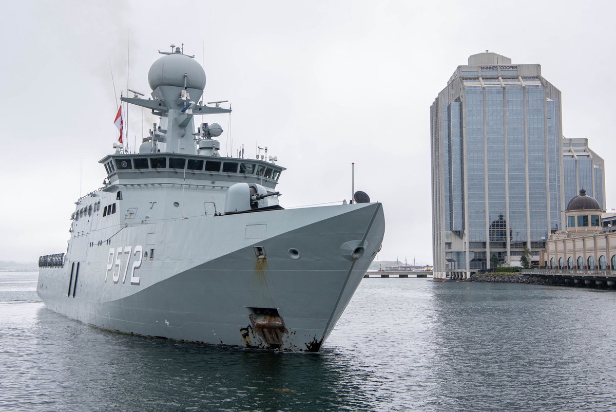 RoyalCanNavy's tweet photo. HDMS Lauge Koch, a Knud Rasmussen-class offshore patrol vessel of the #RoyalDanishNavy arrives in Halifax today, for a port visit. Velkommen! It will join #HMCSWilliamHall for #OpNANOOK. Working with our allies in arctic waters highlights continued cooperation between Canada and Denmark. #HelpLeadFight