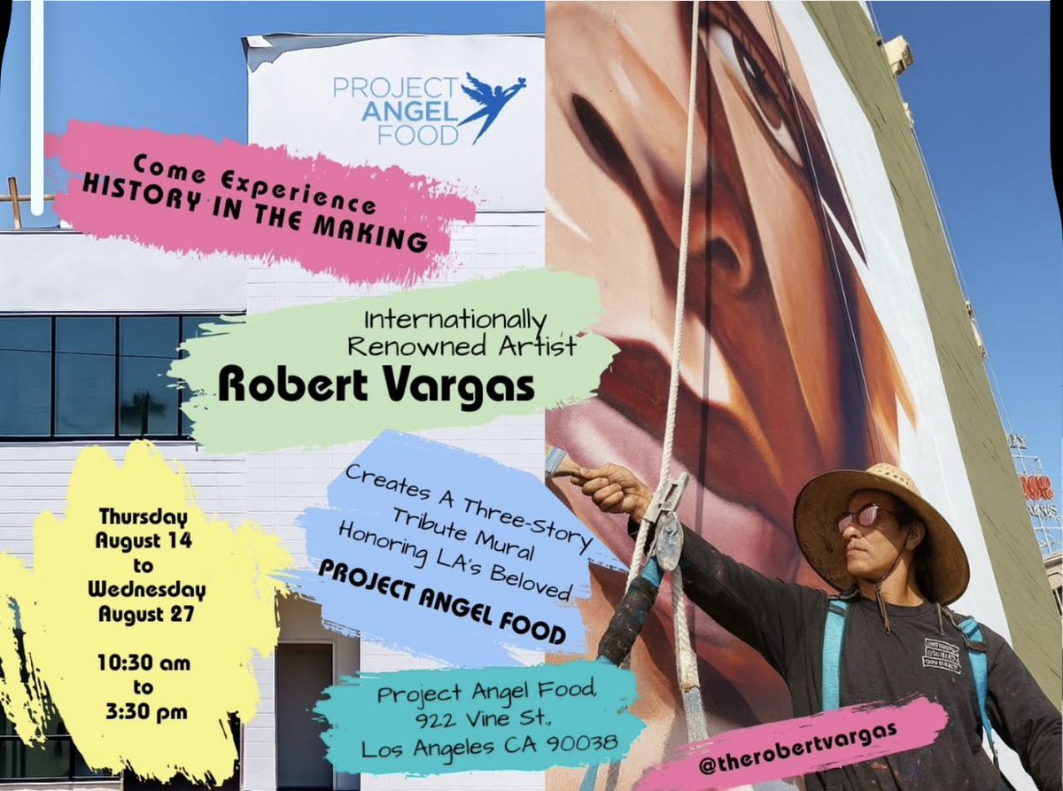 ArTallks's tweet photo. See 😇 @ProjAngelFood
landmark mural come alive!
Watch🎨 Artist @TheRobertVargas
live-paint a three-story #mural at #ProjectAngelFood-a stunning tribute to service, unity and compassion.
922 Vine St. #LosAngeles
Aug. 14-26 | 10 a.m.-3:30 p.m. daily
Unveiling: Aug. 27 | 10 a.m. https://t.co/hk5h1ILqWR