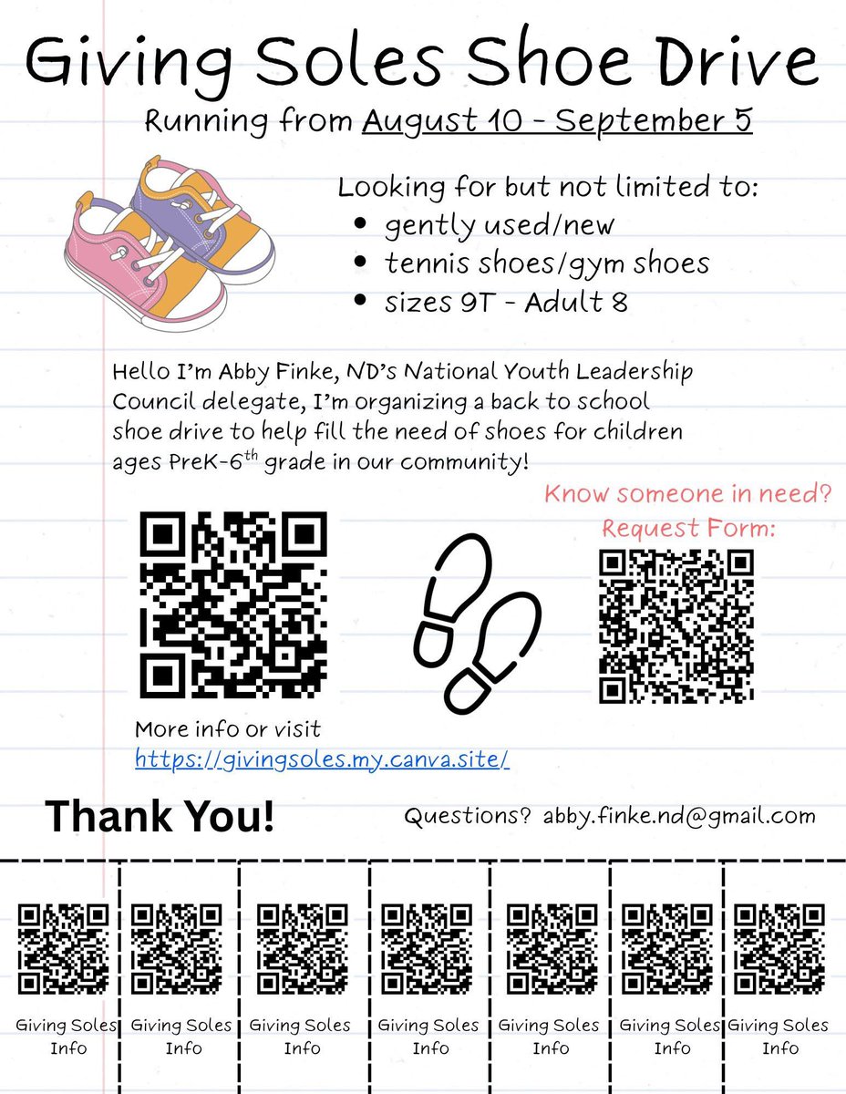 North Dakota’s Youth Leadership Council delegate, Abby Finke, is kicking off her year of service with a project that puts her best foot forward — collecting shoes for local kids! Donation boxes are located at NDAREC and Verendrye Electric. Learn more: givingsoles.my.canva.site.
