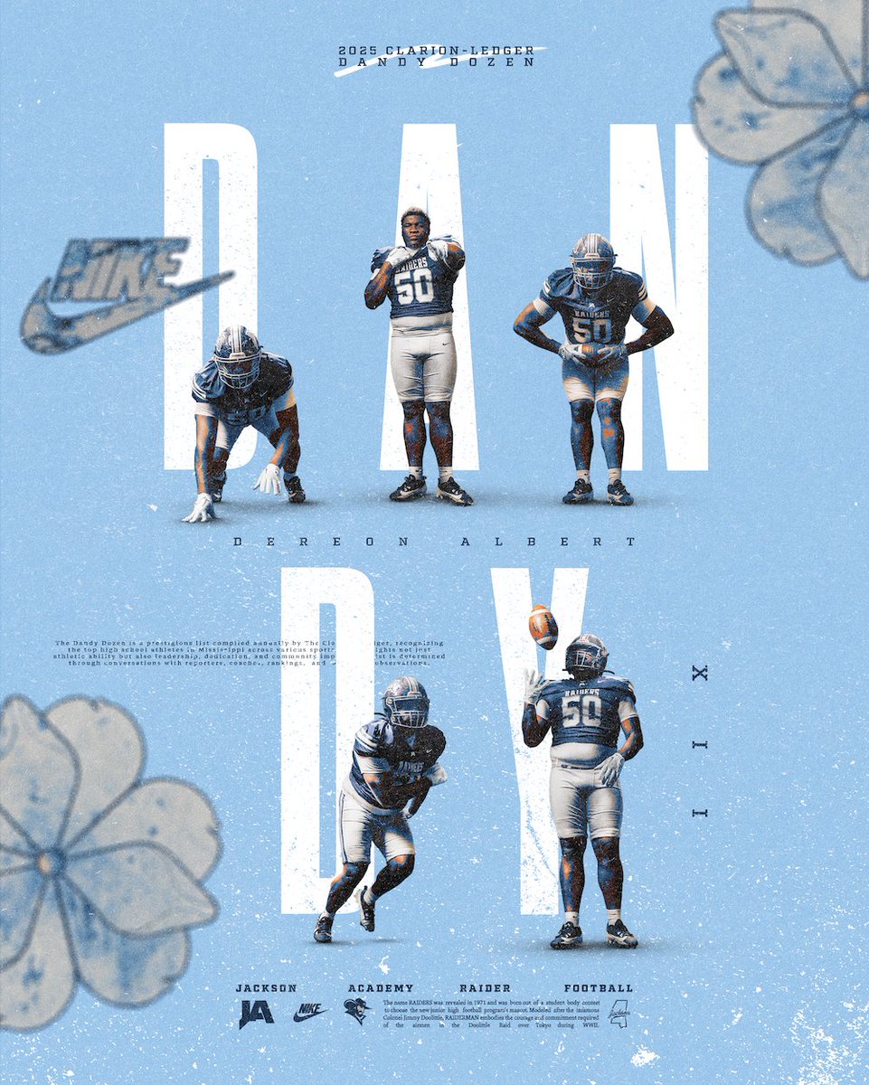 JA Raider Sports (@jaraidersports) on Twitter photo The Clarion Ledger Dandy Dozen is out and for the first time ever, Jackson Academy has TWO players on this prestigious list!
Huge props to four-year starter <a href="/DereonAlbert50/">Dereon “Bear” Albert</a> making history as one of the first Raiders to earn this elite honor.
#WeAreJA
#DandyDereon The Clarion Ledger Dandy Dozen is out and for the first time ever, Jackson Academy has TWO players on this prestigious list!
Huge props to four-year starter <a href="/DereonAlbert50/">Dereon “Bear” Albert</a> making history as one of the first Raiders to earn this elite honor.
#WeAreJA
#DandyDereon