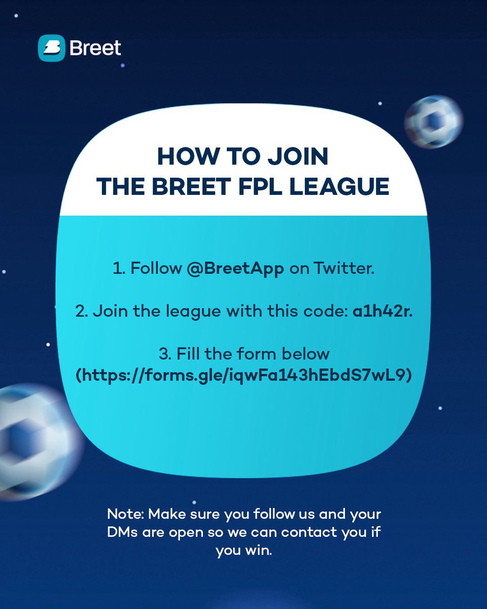breetapp's tweet image. Wanna win a share of 4.5m?

Join the Breet FPL mini league

Code: a1h42r
link: fantasy.premierleague.com/leagues/auto-j…

Fill this form after joining to claim your prize: forms.gle/iqwFa143hEbdS7…

RT and share with your friends 🚀🤭