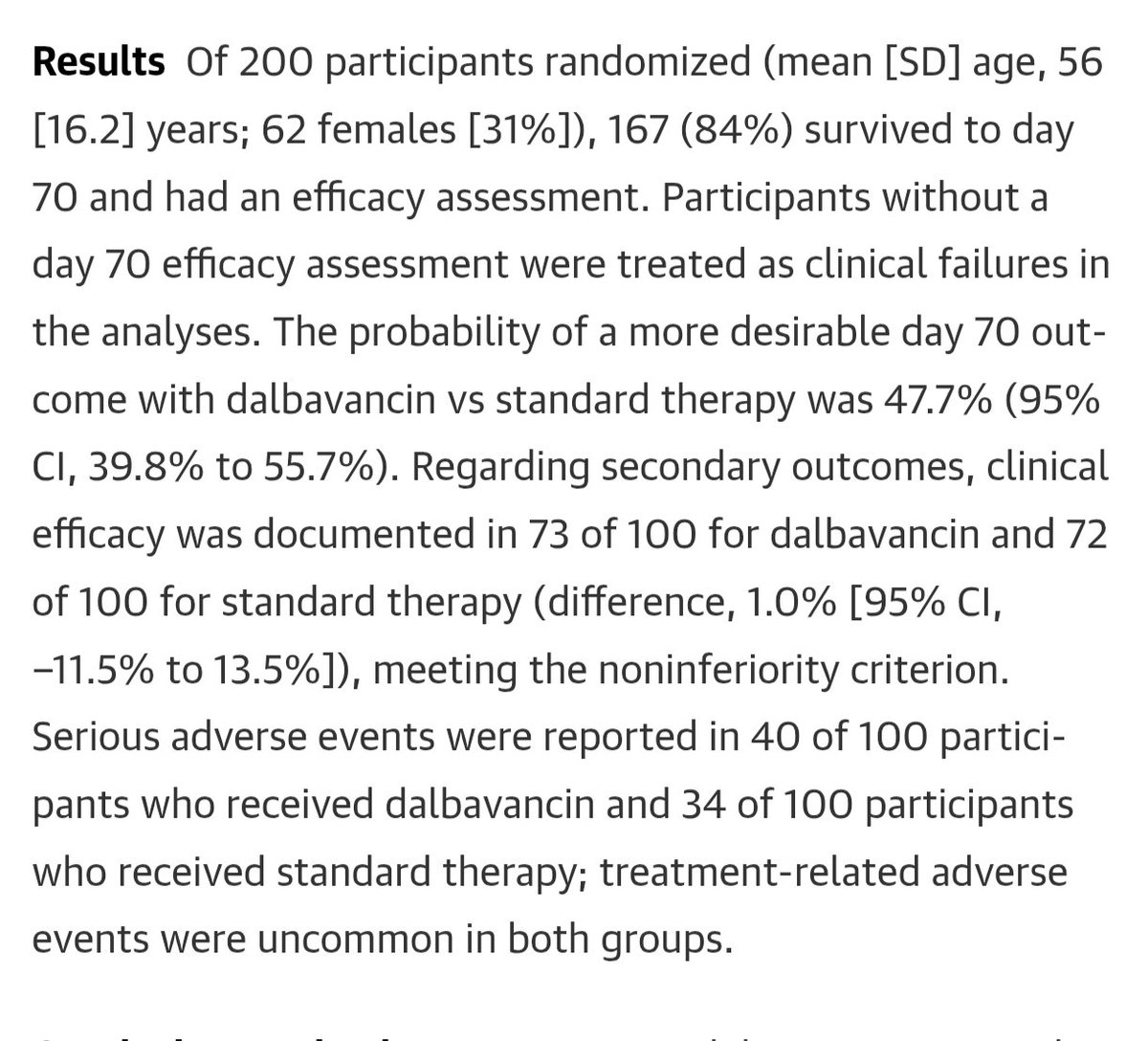 Antibiotic Steward Bassam Ghanem 🅱️C🆔🅿️🌟 (@absteward) on Twitter photo Finally published
🆕🔥DOTS RCT
Among participants with complicated S aureus bacteremia who achieved blood culture clearance, dalbavancin was not superior to standard therapy for achieving a more desirable outcome at day 70
<a href="/DrToddLee/">Todd C. Lee</a> <a href="/BradSpellberg/">Brad Spellberg</a>
jamanetwork.com/journals/jama/… Finally published
🆕🔥DOTS RCT
Among participants with complicated S aureus bacteremia who achieved blood culture clearance, dalbavancin was not superior to standard therapy for achieving a more desirable outcome at day 70
<a href="/DrToddLee/">Todd C. Lee</a> <a href="/BradSpellberg/">Brad Spellberg</a>
jamanetwork.com/journals/jama/…