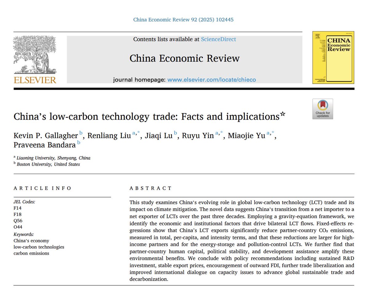This is an incredibly important paper, just published in China Economic Review.

It finds that China’s low-carbon technology exports *significantly* reduce partner countries’ CO2 emissions.

China’s clean energy push is clearly helping the world decarbonise.