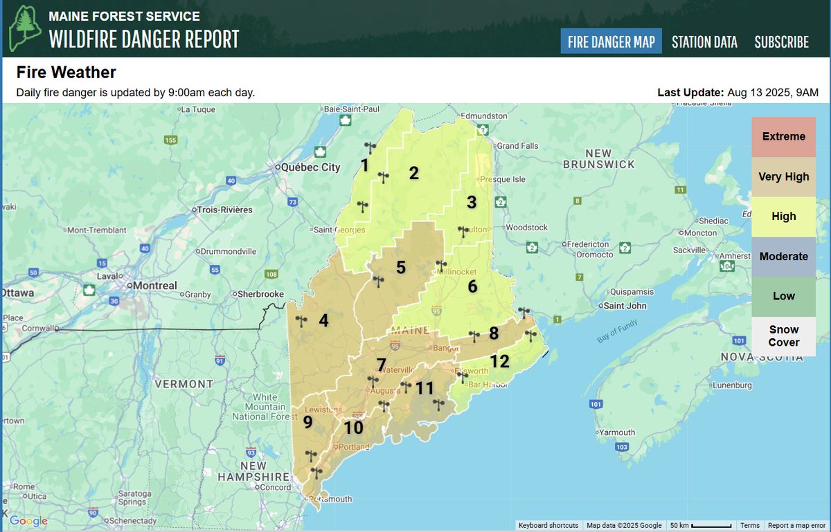 PineTreeWeather's tweet photo. 🔥WEDNESDAY 8/13 update from @MaineDACF and @MaineRangers has #Maine in VERY HIGH and HIGH wildfire danger. Use extreme caution with campfires and outdoor grilling. #MEFire #MEwx https://t.co/GnvMng7cYB