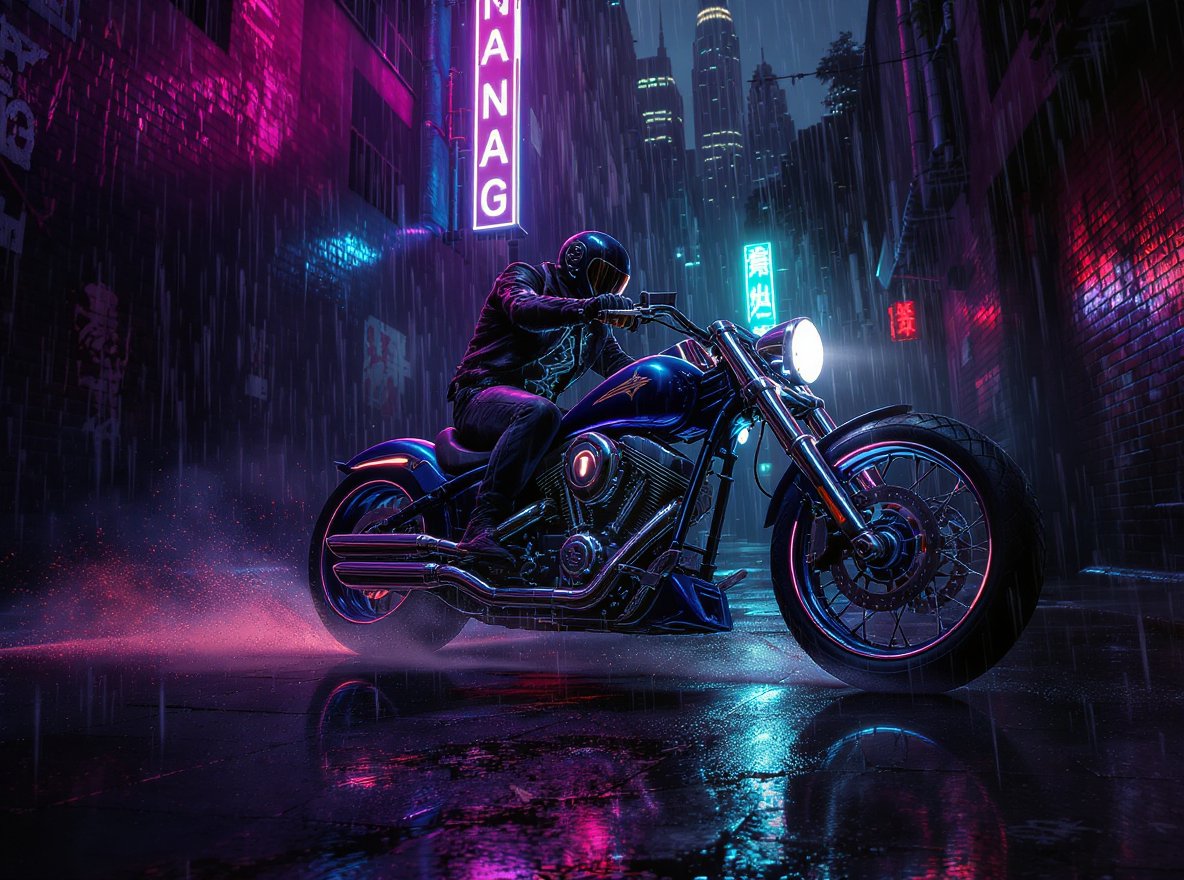 PromptSin's tweet image. Riding into the neon night 🌆✨ Who&apos;s ready for a cyber ride? Tag your crew and let&apos;s hit the streets! #CyberVibes #NightRiders