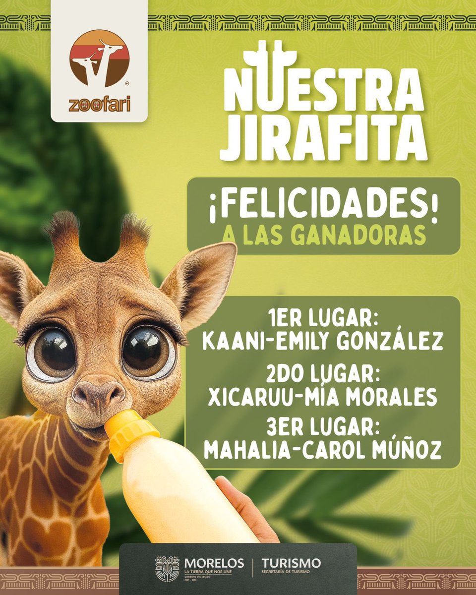 🦒✨ ¡Ya tenemos ganadoras y nombre para #NuestraJirafita!

🥇 Kaani – Emily González
🥈 Xicaruu – Mía Morales
🥉 Mahalia – Carol Muñoz

🌿 #Morelos, ejemplo de turismo responsable y amor por la naturaleza. 

#NuestraJirafita #LaTierraQueNosUne #LaPrimaveraDeMéxico