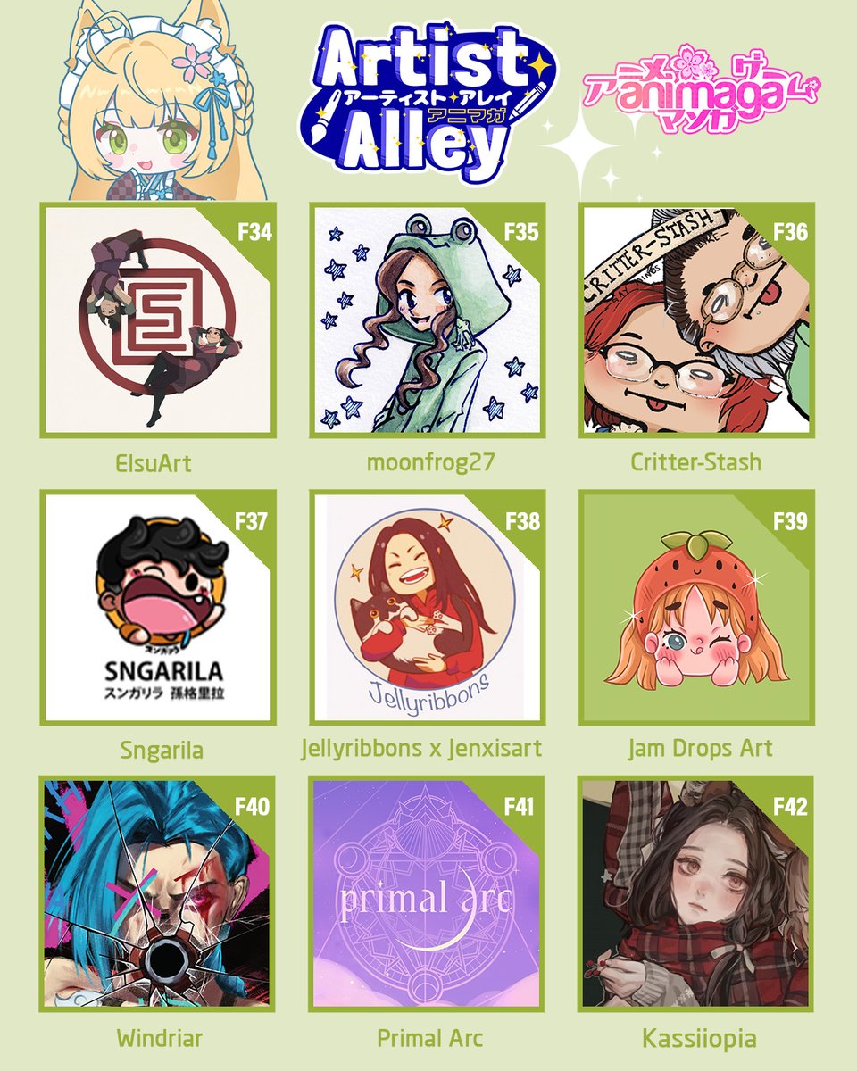 From F34–F42, explore creativity in every form from playful illustrations to intricate designs! Featuring <a href="/elsuart/">ElsuArt</a>, moonfrog27, <a href="/molliemash/">molliemash</a> x <a href="/CritterOfHabit/">Maddie ⧗</a>, Sngarila, Jellyribbons x Jenxisart, Jam Drops Art, <a href="/WindriarArt/">Windriar</a>, Primal Arc, and <a href="/kassiiopia/">卡西</a>.
Meet them at #Animaga2025