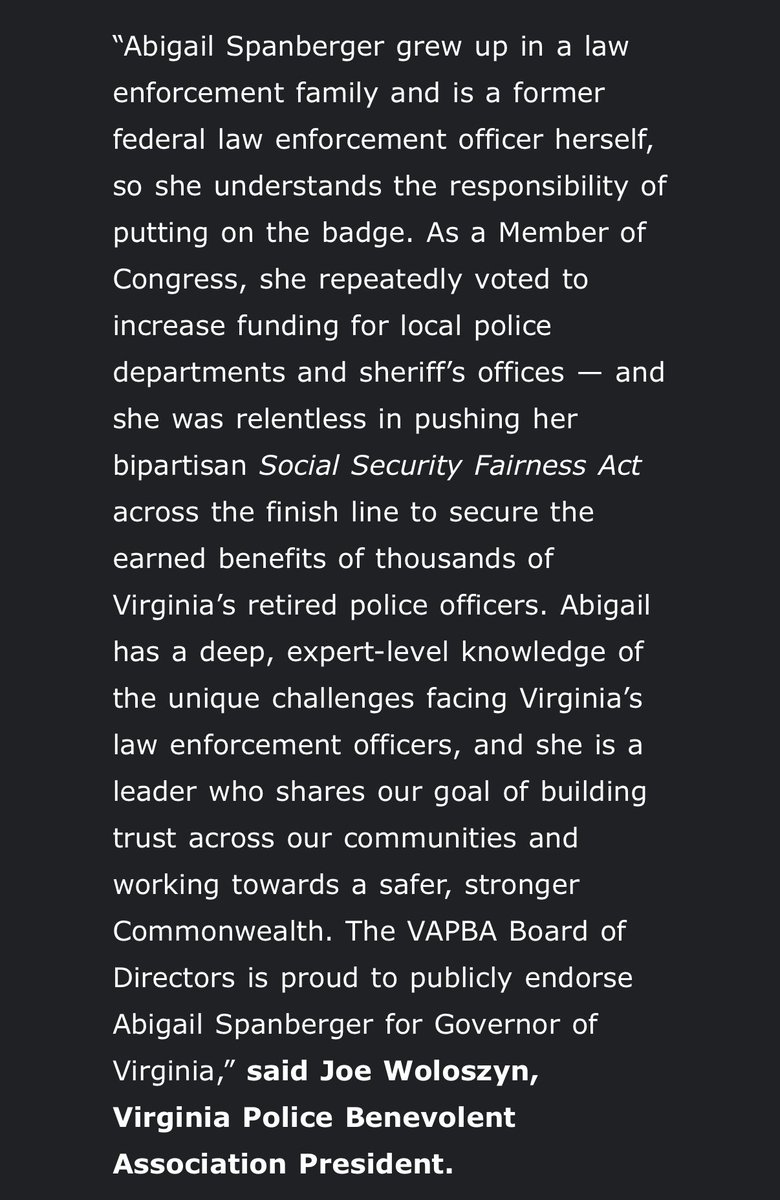 Virginia Police Benevolent Association, which backed Republican Glenn Youngkin in 2021, is endorsing Democrat Abigail Spanberger for Virginia governor this year: