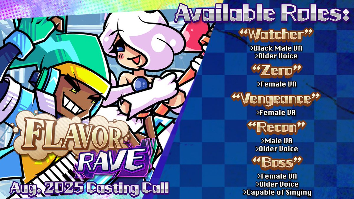 VA CASTING CALL!

We are looking for a few roles to fill in some of our upcoming content for Flavor Rave! Five roles are currently available.

Please read and fill out this form if you are interested:
forms.gle/UDH7qxZb3vVdia…

#FlavorRave #voiceacting