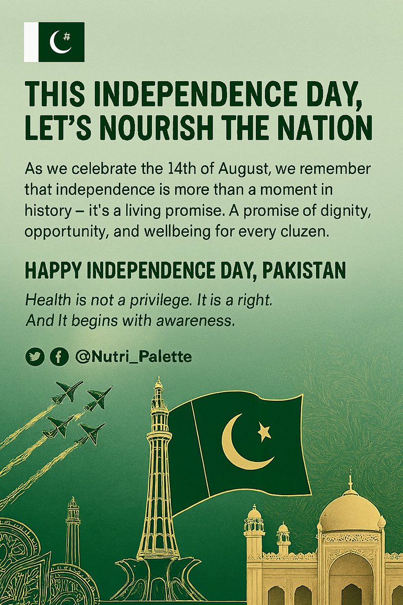Nutri_Palette's tweet photo. 🇵🇰 This Independence Day, Let’s Nourish the Nation
As we celebrate the 14th of August, we remember that independence is more than a moment in history—it’s a living promise. A promise of dignity, opportunity, and wellbeing for every citizen.
At Nutri Palette, we believe that nutrition is a cornerstone of that promise. A healthy nation is a strong nation. From combating malnutrition and lifestyle diseases to empowering communities with public health education, our mission is rooted in the belief that every plate tells a story of resilience.
This year, let’s reflect on how far we’ve come—and how far we must go.
Let’s advocate for #FoodSecurity, equitable #accesstohealth resources, and culturally rooted #nutrition practices that uplift every household.
Because true independence means the freedom to thrive—physically, mentally, and socially. 😊
Happy Independence Day, Pakistan.
Health is not a privilege. It is a right. And it begins with awareness. 🍏🍎
#IndependenceDay2025 #PakistanZindabad #NutriPalette #NutritionForAll #PublicHealth #EmpowerThroughEducation