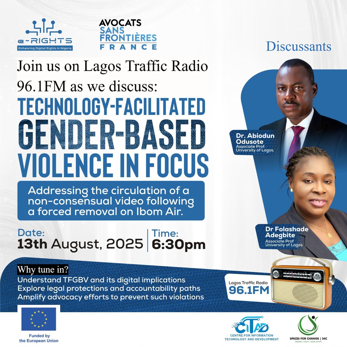 Human Rights Journalists Network (@hrjn10) on Twitter photo 🎙 LIVE TODAY – 6:30PM on @lagostraffic961FM
Topic: Technology-Facilitated Gender-Based Violence in Focus
📍 Spotlight on the Ibom Air incident
⚖ Legal protections & accountability
🗣 With experts from <a href="/UnilagNigeria/">University of Lagos</a>
Tune in & join the conversation!
#TFGBV #DigitalRights 🎙 LIVE TODAY – 6:30PM on @lagostraffic961FM
Topic: Technology-Facilitated Gender-Based Violence in Focus
📍 Spotlight on the Ibom Air incident
⚖ Legal protections & accountability
🗣 With experts from <a href="/UnilagNigeria/">University of Lagos</a>
Tune in & join the conversation!
#TFGBV #DigitalRights