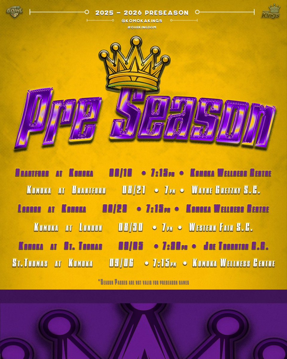 KomokaKings's tweet image. 🏒 PRESEASON HOCKEY BEGINS THIS WEEKEND! 

Our 2025 preseason starts this Saturday at home vs. Brantford and wraps up Saturday, September 6 against St. Thomas — both at home!

Come out and get your first look at this year’s squad as we gear up for the season. 

🎨 Zach Black