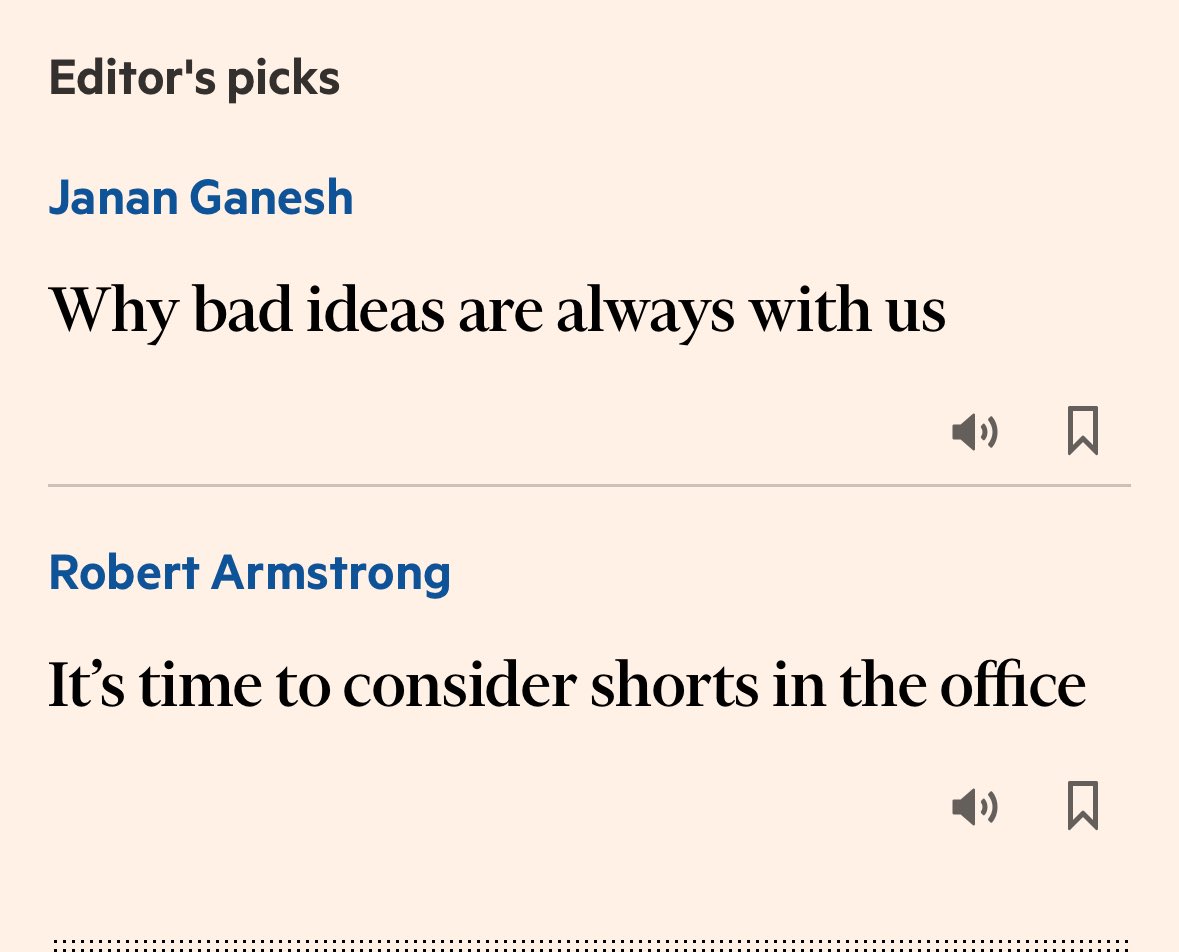 Someone who edits FT’s homepage has a sense of humor and the correct opinion about office shorts