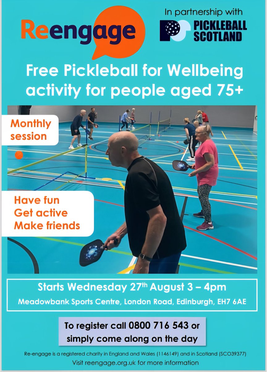 Pickleball Scotland (@pickleballscot1) on Twitter photo 🏓 Free Pickleball in Edinburgh (75+)
Join our monthly Pickleball for Wellbeing group – 1-hour sessions with @ReengageUK.
All abilities welcome! inclusion@pickleballscotland.org
🌐 reengage.org.uk 🏓 Free Pickleball in Edinburgh (75+)
Join our monthly Pickleball for Wellbeing group – 1-hour sessions with @ReengageUK.
All abilities welcome! inclusion@pickleballscotland.org
🌐 reengage.org.uk