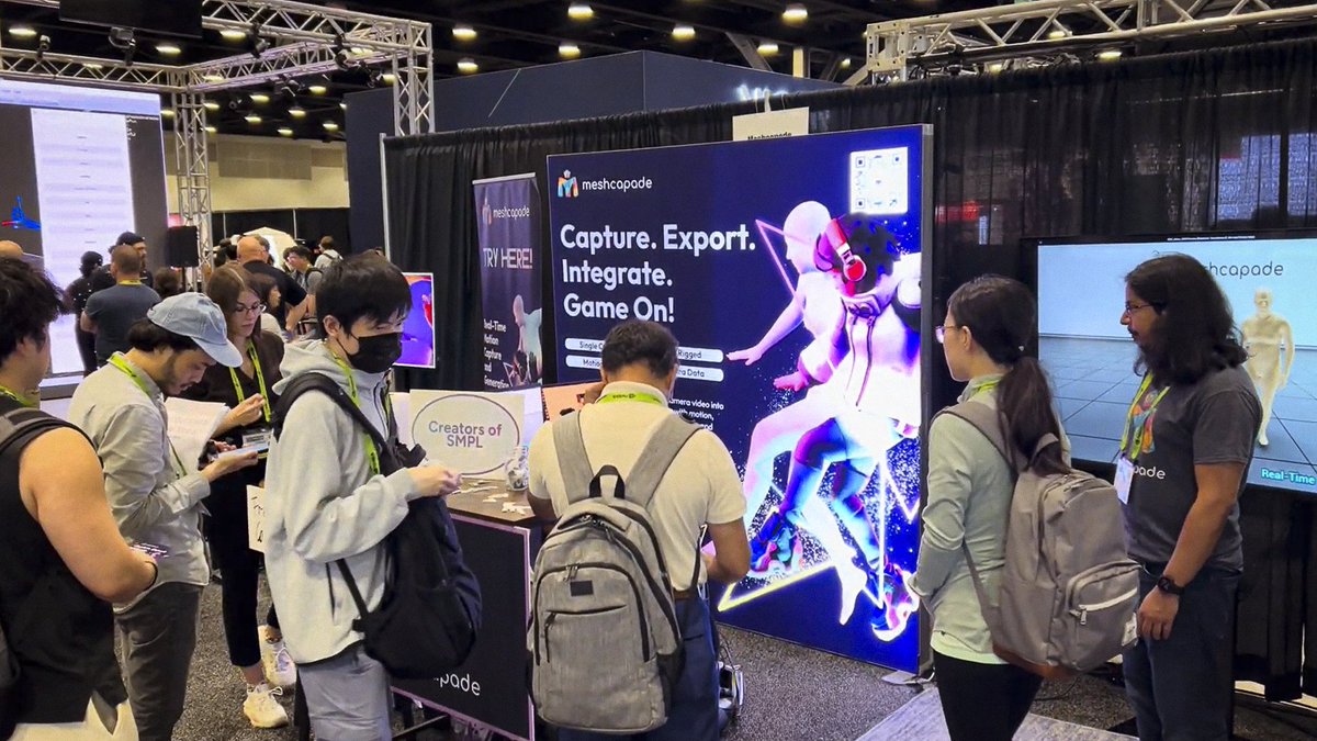 meshcapade's tweet photo. Today is day 2 at #SIGGRAPH2025, and our booth is buzzing 🚀

Swing by today to try Meshcapade’s real-time motion capture and generation demo in Unreal Engine. Quick live demos, pipeline tips, and swag waiting for you 🎯

Huge thanks to everyone who joined our lunch meetup yesterday 🥳 The room was packed, and the conversations were 🔥 If you missed it, enjoy the pics and come over today!

Find us on the Exhibits floor at booth 209 @siggraph and say hi to the team. 

#3D #AI #Mocap #3DAvatar #SMPL #DigitalHumans #CharacterAnimation