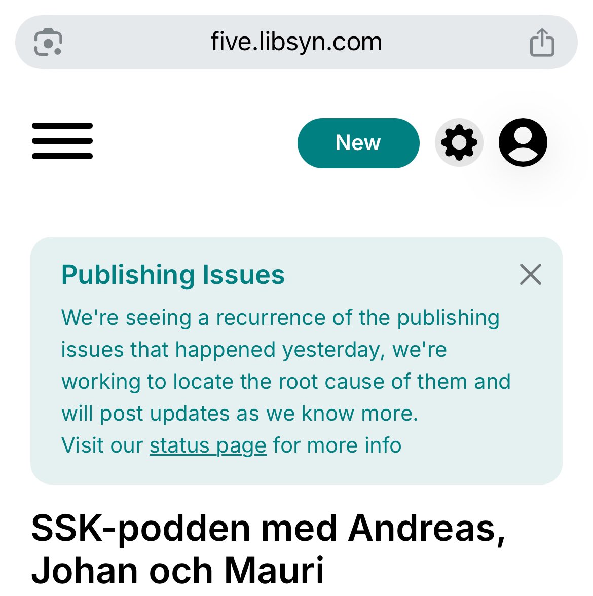 SSK-podden (@sskpodden) on Twitter photo Del 2 av podden är klar och på gång — men vi har tyvärr haft tekniska problem som ligger på vår host/plattform. Men så fort det funkar kommer podden ut. Förhoppningsvis senare i dag förstås.
Vi utlovar dock en riktig matig del 2. Två timmar <a href="/SSKpodden/">SSK-podden</a>.
#twittssk Del 2 av podden är klar och på gång — men vi har tyvärr haft tekniska problem som ligger på vår host/plattform. Men så fort det funkar kommer podden ut. Förhoppningsvis senare i dag förstås.
Vi utlovar dock en riktig matig del 2. Två timmar <a href="/SSKpodden/">SSK-podden</a>.
#twittssk